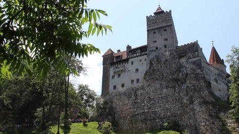 Left Right panoramic view of the Bran Castle, Transylvania, Romania. Stock Footage 94543185