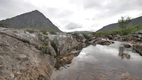 Left to Right Slow Shot of Scottish Landscape and River Reflection Stock Footage 97361942