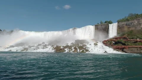 Left-to-right tracking pan from American Falls toward Horseshoe Falls in mist Stock Footage 320002865