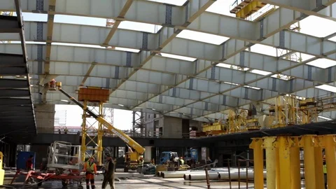 Left to right under the roof of the future train station Stock-Footage 75228047