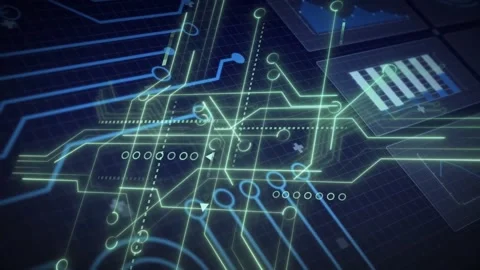 Left-side blue pulses traveling across schematic, lighting nodes and mapping Stock-Footage 333901443
