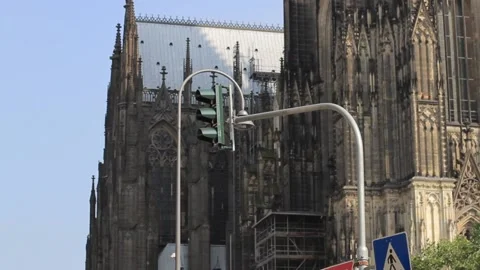 Left side of Cologne cathedral behind street lamp in germany Stock Footage 213916585