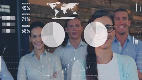 Left-side data animating, woman with glasses leading while business pie charts Stock Footage 333962594