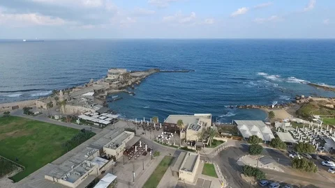 Left Side Flight over Caesarea Bay Promenade. Israel. DJI-0011-09 스톡 동영상 98509672