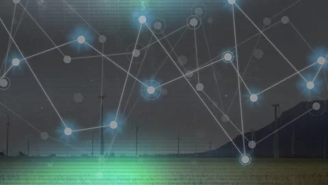 Left-side glow sparking network overlay growing pulsing linking across wind farm Stock Footage 334703323