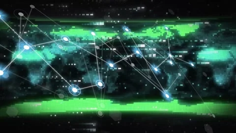 Left-side node appearing, centered pixel map connecting pulsing nodes and scan Vidéo 335651652