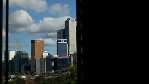 Left side window view of Sydney CBD skyscrapers 6K Stock Footage 309067123