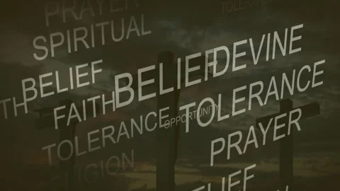 Left-side words emerging and sliding, framing central cross while highlighting Stock Footage 330717594