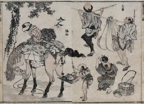 Left, a small man (a dwarf?) lifts a horse's tail with a bamboo rod to catc.. Illustration