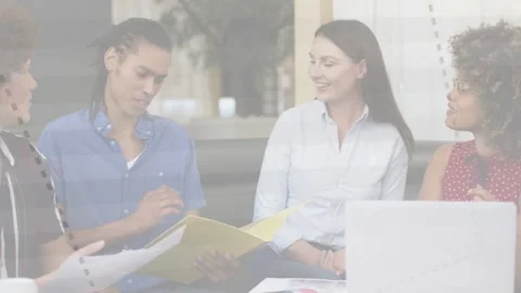 Left speaker flipping folder and presenting in team meeting with animated charts Stock Footage 333911386