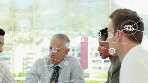 Left speaker speaking senior man tapping tablet network nodes emerging over Stock Footage 331712995