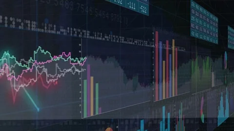 Left stacked bars starting right pan, camera revealing data wall while neon Stock Footage 335652034