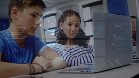 Left student shifting and touching laptop keys while peer watching, HUD Stock Footage 330238067