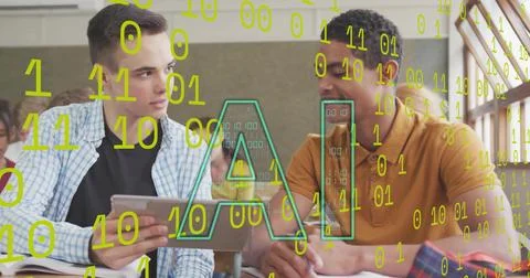 Left student tapping tablet and peer leaning forward, green AI binary overlay 库存照片