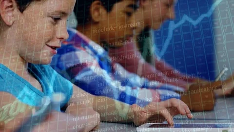 Left student tapping tablet in education lab, animating line graph and code Stock Footage 333670672