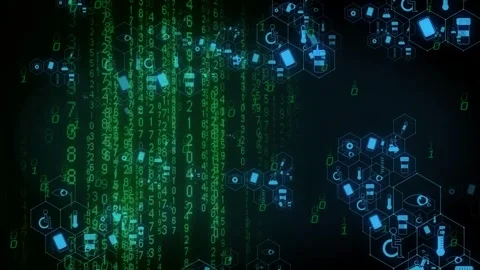 Left surge starting vertical green digits falling, joining blue hexes, feeding Vídeo Stock 334337870
