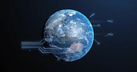Left traces activating extending to Earth, pulsing with ticks and nodes, Stock Footage 331108585