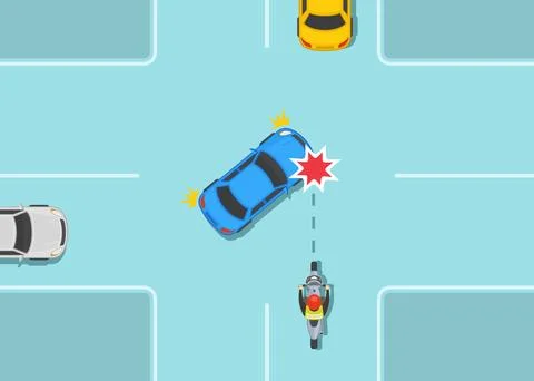 Left turn in front of moving forward motorcycle. Car and motorcycle collision. Stock Illustration