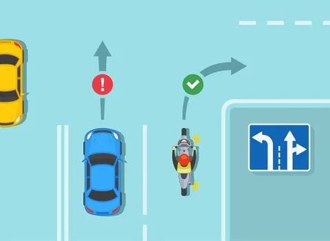Left-turn lane and go through or turn right lane. Correct, incorrect movement. Stock Illustration