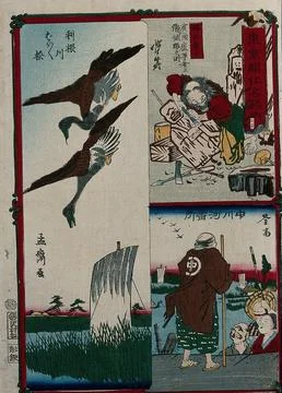 Left, two ducks flying over a boat on the the Ton[229]e River; above right,.. Ilustração Stock