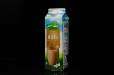 Left view of one liter of a low fat mochaccino milk box from the Greenfields  Stock Photos