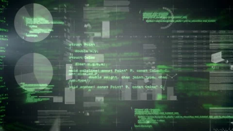 Left widgets sliding, framed terminal growing and drawing focus, charts forming Stock Footage 332577531