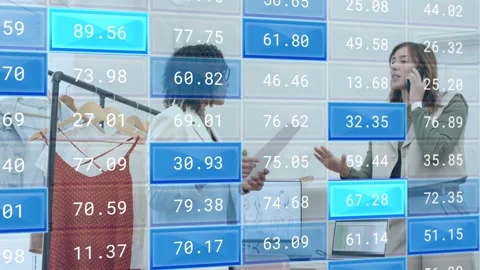 Left woman offering docs pointing at screen driving blue tiles updating fashion Stock Footage 333609934