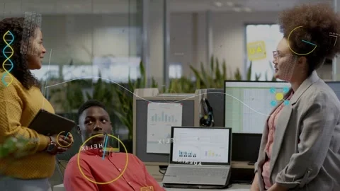 Left woman opening tablet, team reviewing laptop charts, data helix overlays Stock Footage 337236480