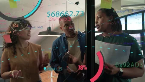 Left woman placing sticky notes, sparking finance team annotating glass with $ 库存影片 333998941