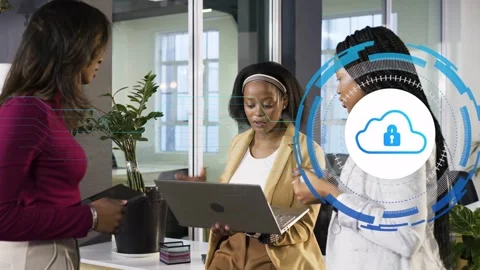 Left woman tapping phone causing cloud security HUD expanding while center woman Stock Footage 334351542