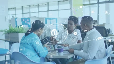 Left woman tapping tablet and team debating while HUD with bank icon expanding, Stock Footage 335281924