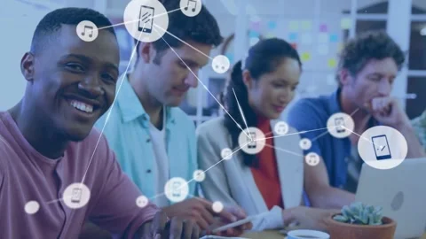 Leftmost man tapping tablet, spawning node web expanding to connect colleagues, Stock Footage 331713527