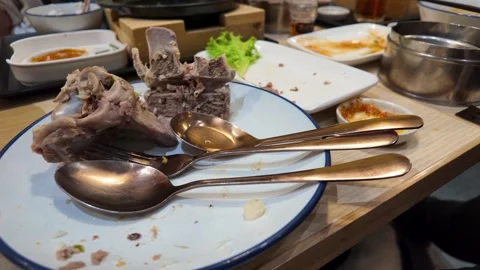 Leftover Beef Rib Bones and Dirty Plates on Restaurant Table Stock Footage 342693442