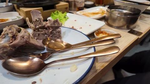 Leftover Beef Rib Bones and Dirty Plate in Restaurant Stock Footage 342780905