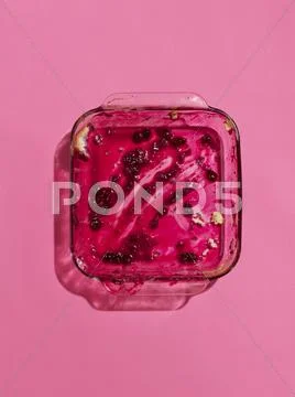 Leftover blueberry cobbler in a glass baking dish Stock Photos