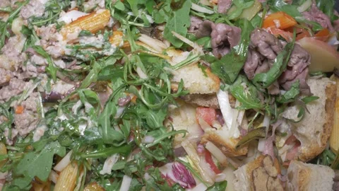Leftover Lunch Food in Large Container: Meat, Bread and More Dishes Vidéo 336793692