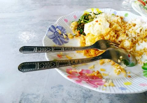 Leftover minced pork, chicken or beef and basil rice with stainless steel spo Stock Photos