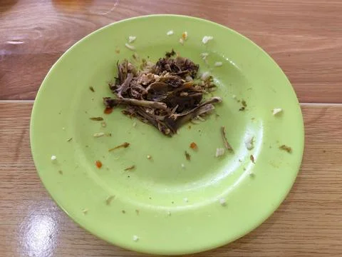 Leftover Roasted Duck Bones on Green Plate Stock Photos