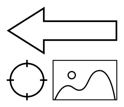Leftward arrow above a target circle and a rectangular landscape outline with Stock Illustration