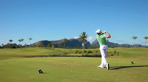 Lefty golfer hit long drive shot in hawaii Stock-Footage 48270641