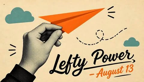 Lefty power poster for august 13 featuring left hand holding orange paper a.. Stock Illustration