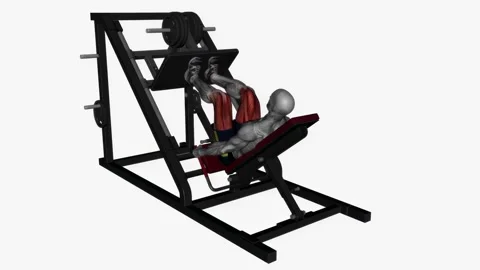 Leg press machine close stance   fitness exercise workout animation male muscle  Видео 243990267