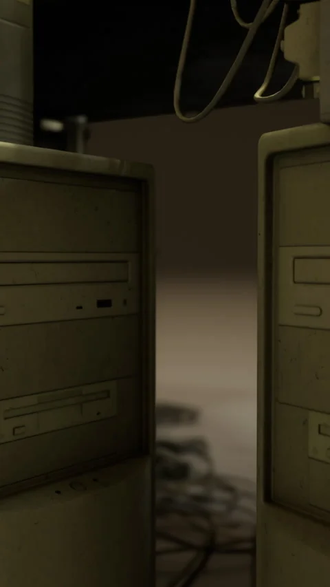Legacy computer towers with exposed bays IT technician inspecting hardware Stock Footage 327616124