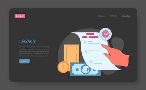 Legacy dark or night mode web, landing. A hand finalizes a legacy document Stock Illustration