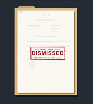 Legal case file folder with dismissed court verdict stamp document Stock Illustration
