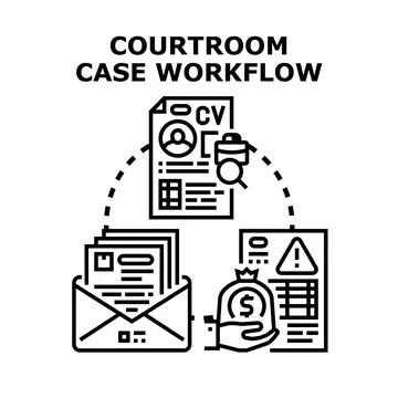 Legal case workflow processing judicial documents and financial matters Stock Illustration