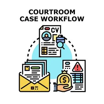 Legal case workflow processing judicial documents and financial matters Stock Illustration