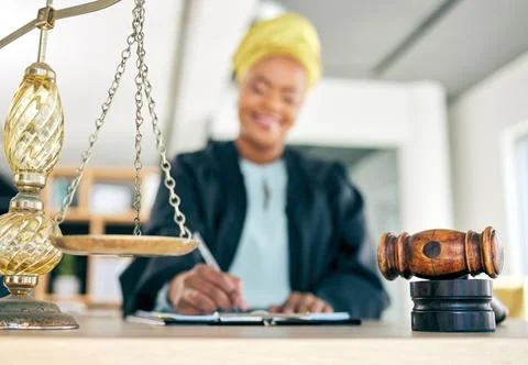 Legal, scale and woman judge writing for an investigation document or criminal Stock Photos