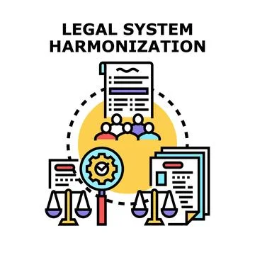Legal system harmonization process uniting regulations and justice Stock Illustration