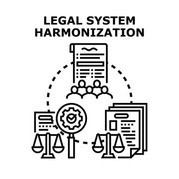 Legal system harmonization process uniting regulations and justice Stock Illustration